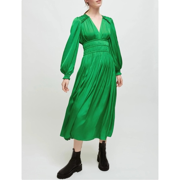 [relisted] Maje Bright Green Pleated Effect Puff Sleeve Flowy Satin Maxi Dress - Picture 2 of 12